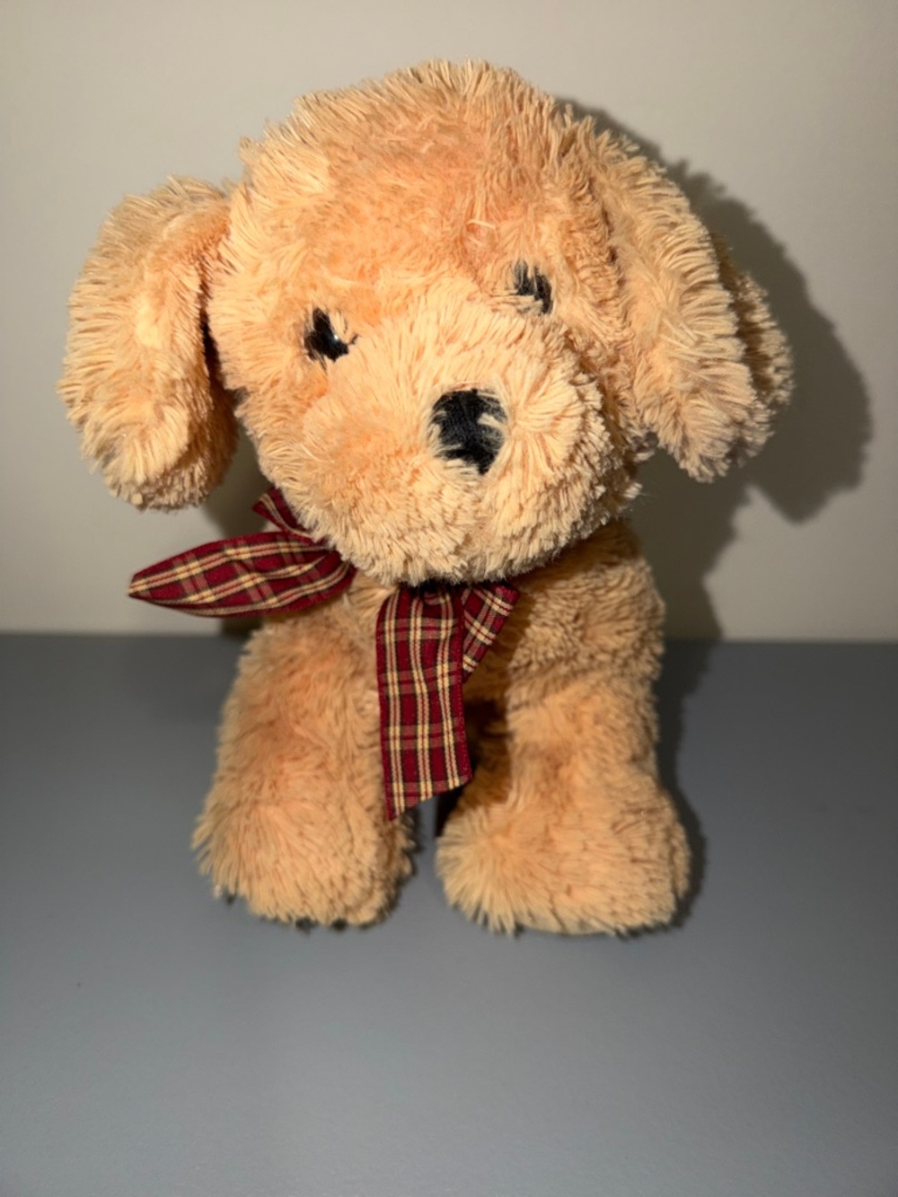 Ty Plush Puppy in Tan with Red Plaid Bow